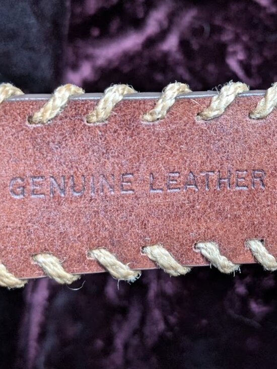 Vintage Brass and Leather Belt with Rope Edge - handsome & thick - 32\